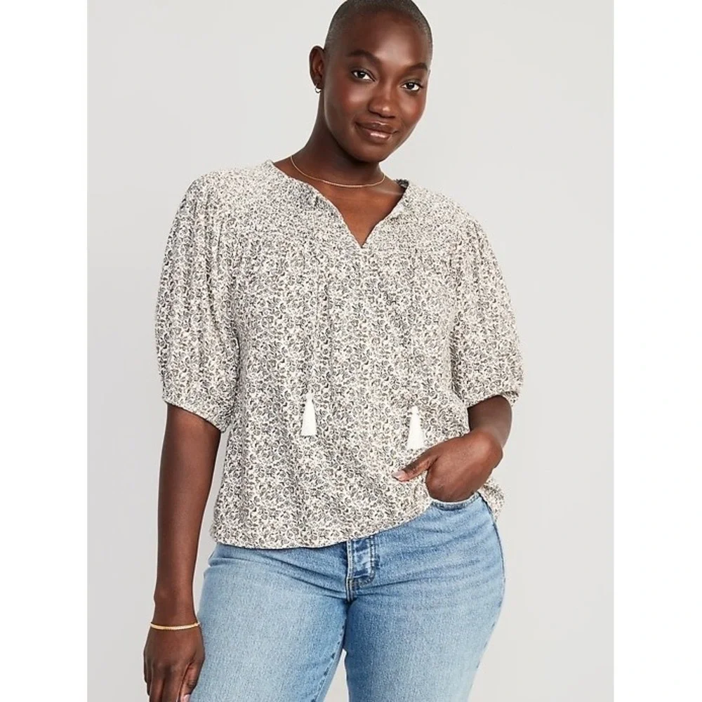 Old Navy Puff-Sleeve Tie-Front Embroidered Swing Top XL Floral Boho Peasant